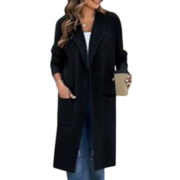 Anrabess Womens Med Open Front Coatigan Sweater Long Lapel Cardigan Black Warm - Picture 1 of 10